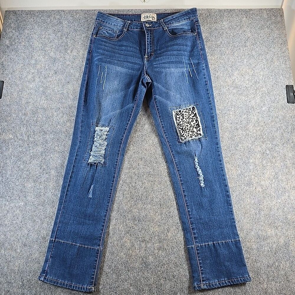 L&B Women's Size 14 Distressed Jeans Med Wash Blue Patches Stretch Denim Lucky